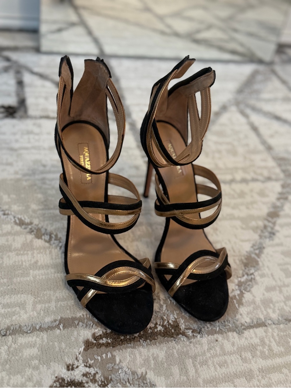 Aquazurra High-Heel Strappy Sandals in Black and Gold
